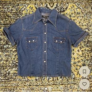 Denim button up fitted western t shirt - pearl snaps